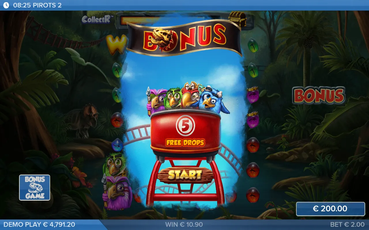 Three dinosaur skulls triggering the bonus with five free drops awarded