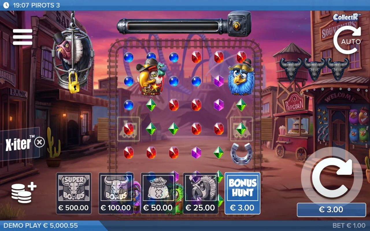 The Pirots 3 X-iter buy menu open beneath a dead board, five products from Bonus Hunt to Super Bonus