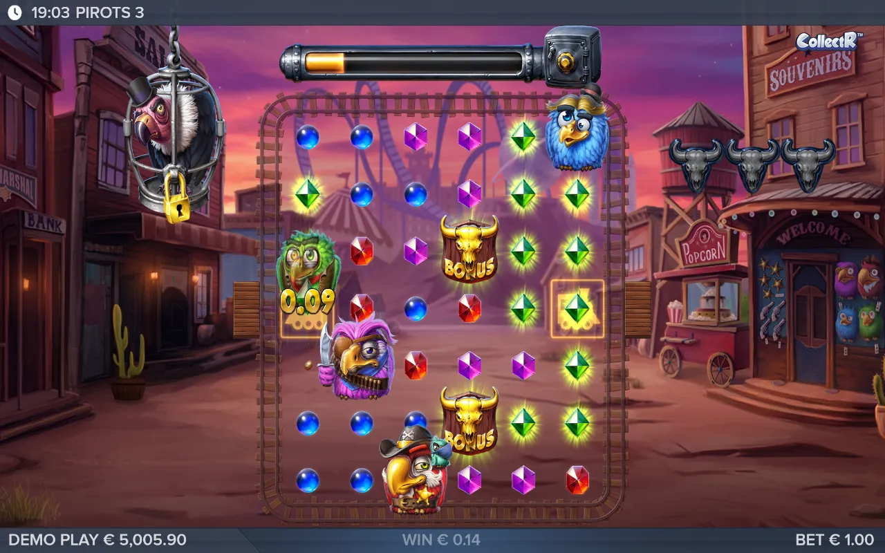 Two golden bonus skulls on the Pirots 3 grid with no bird standing next to either of them