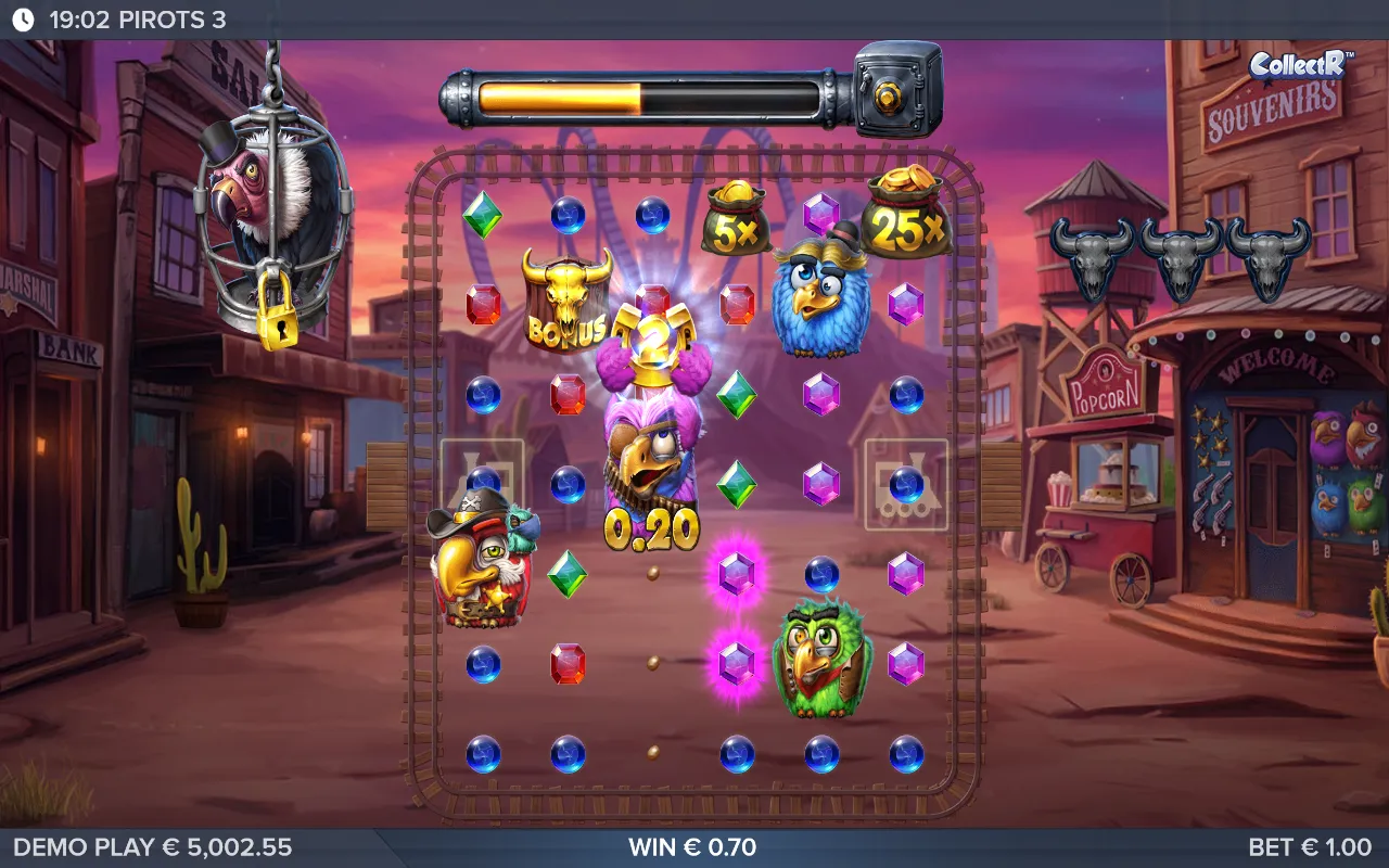 A 5x and a 25x coin bag in the top row of the Pirots 3 grid, out of reach of all four birds