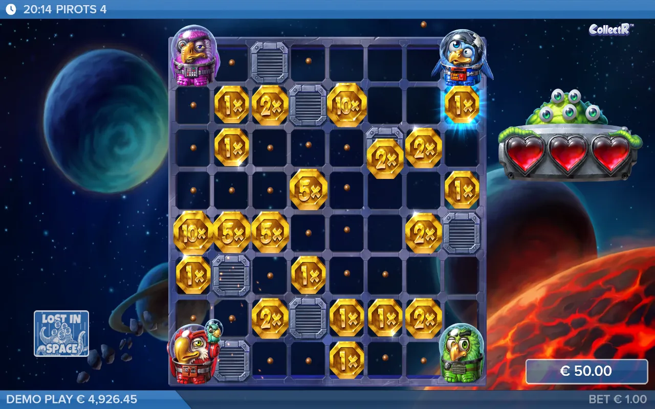 Pirots 4 Lost In Space coin game on the expanded 8x8 grid, half of it covered in gold coins with the birds in the corners