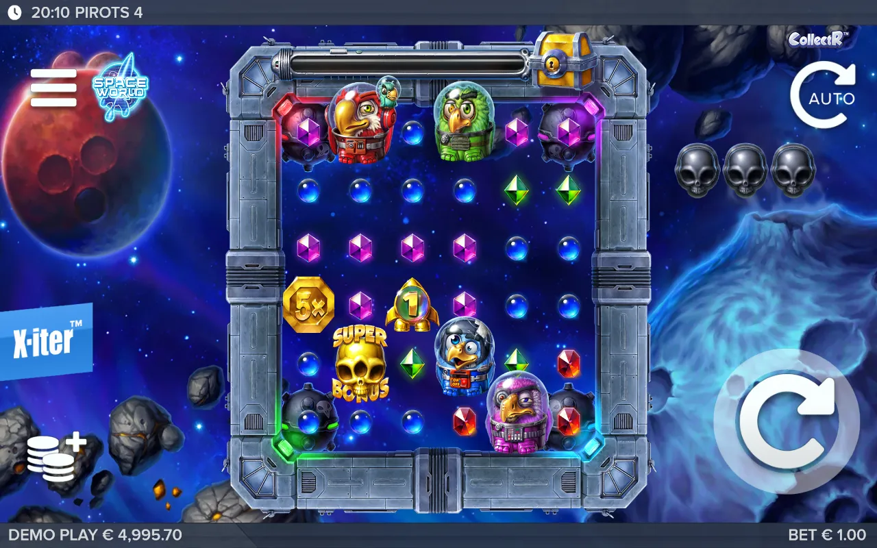 Pirots 4 base board showing a super bonus skull beside a 5x coin, on a round that paid nothing