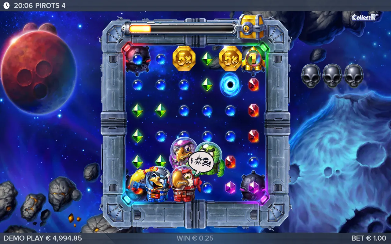 Pirots 4 base board with two 5x coins along the top and a black hole among the gems while the four birds sit below
