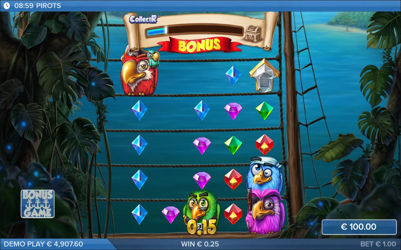 Pirots bonus trigger, the red BONUS banner unfurling across the collection scroll after a third anchor is collected