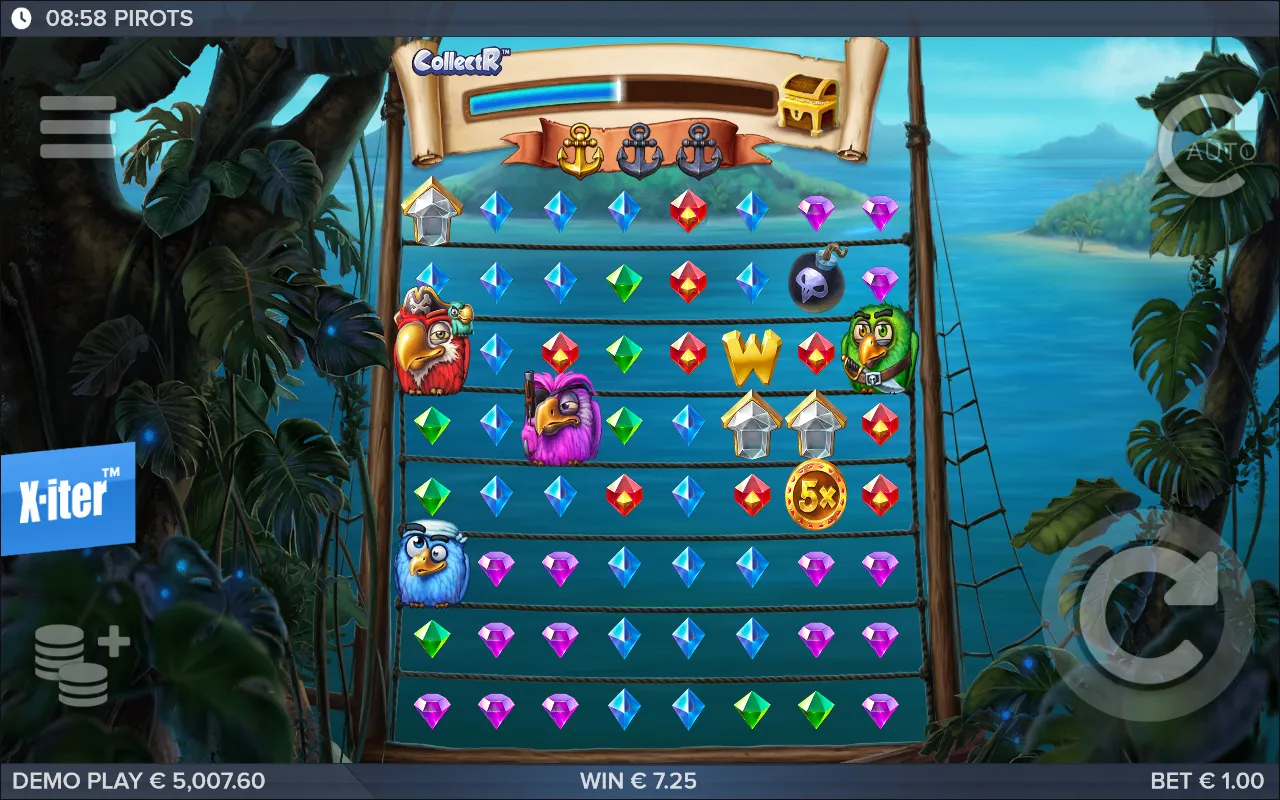 Pirots expanded to the full 8x8 grid, with a bomb and a gold wild sitting among the gems