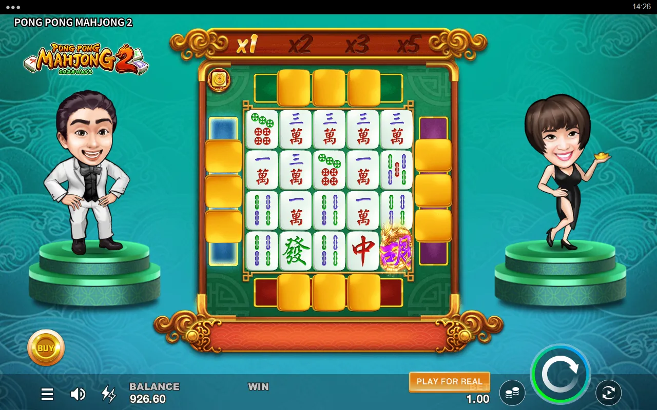 Pong Pong Mahjong 2 base spin with the purple dragon Scatter on reel 5 and no red Scatters