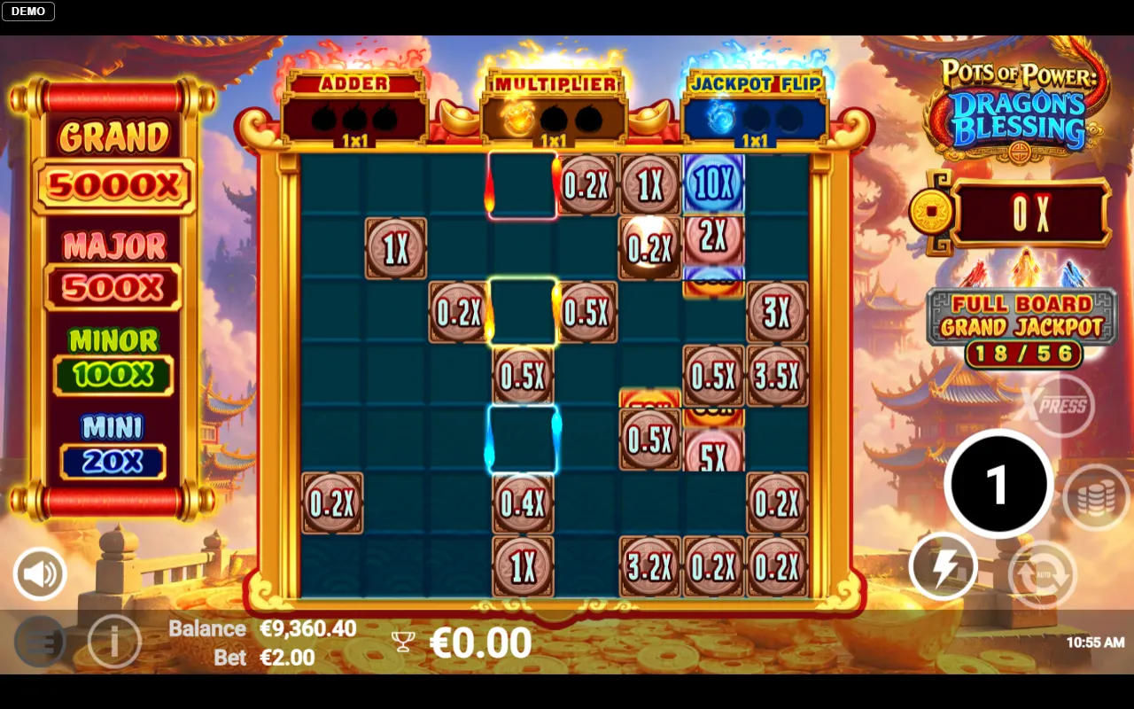 Hold and win board part filled with coins and the coloured frames drifting over them