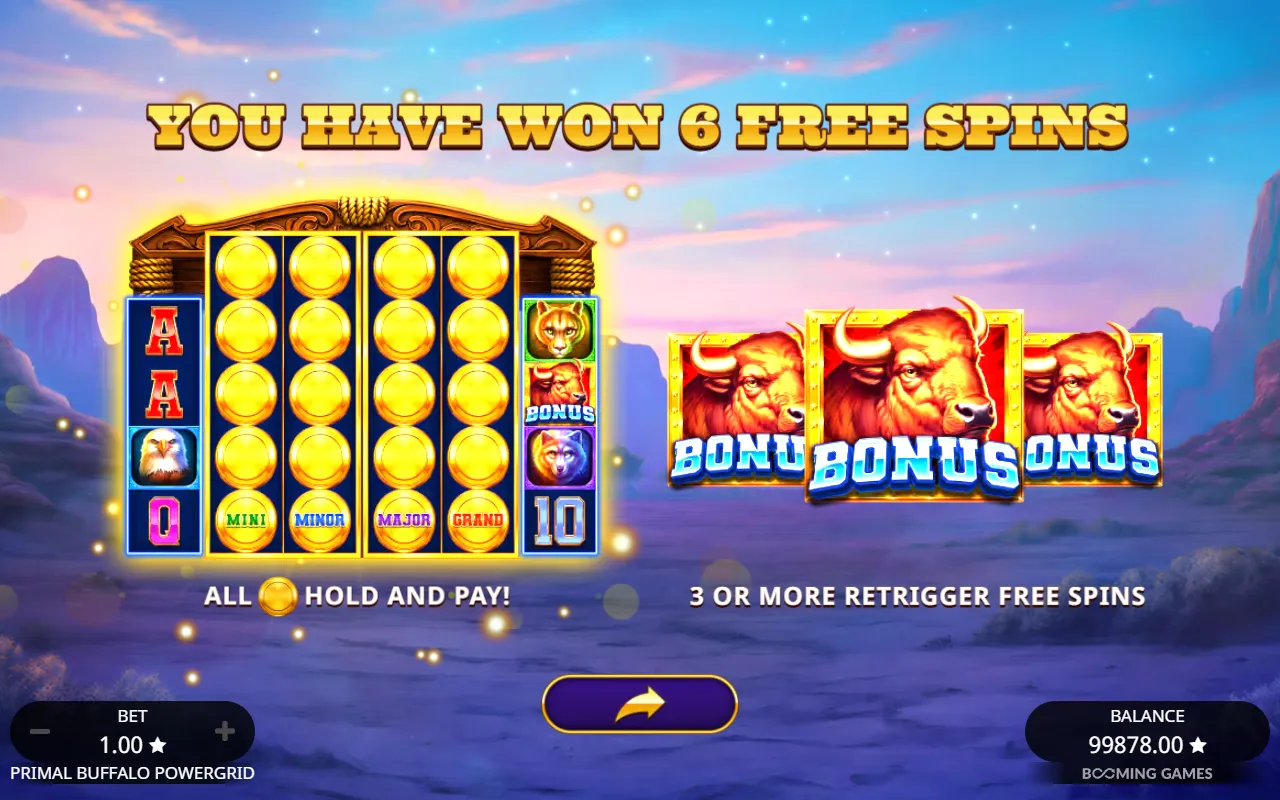 Buy feature card reading YOU HAVE WON 6 FREE SPINS above the PowerGrid and pot plates