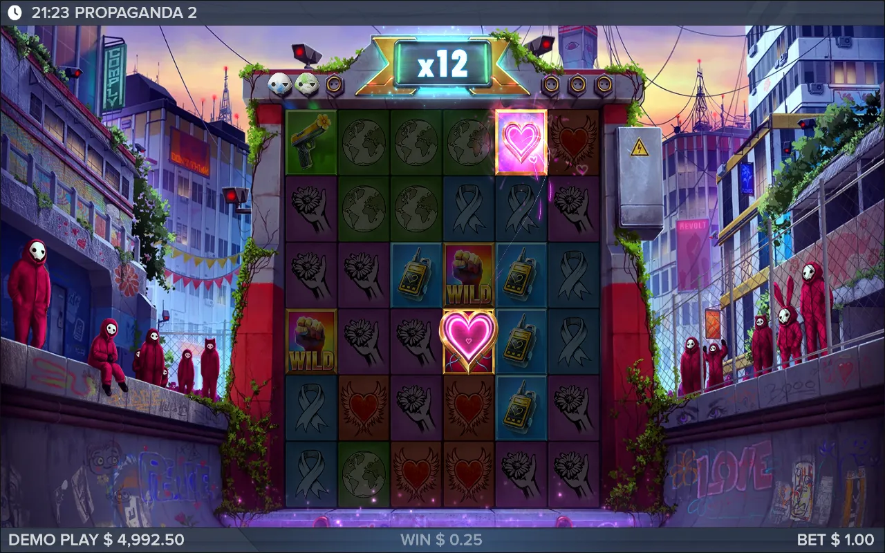 Two heart feature symbols on the board with the multiplier at x12