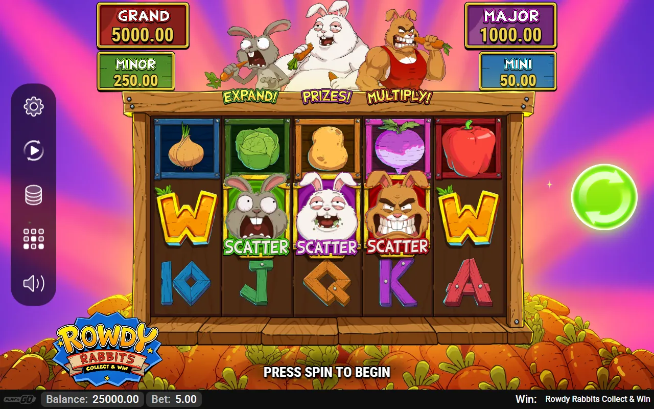 Runt, Rolly and Roy landed together across the middle row of the Rowdy Rabbits reels