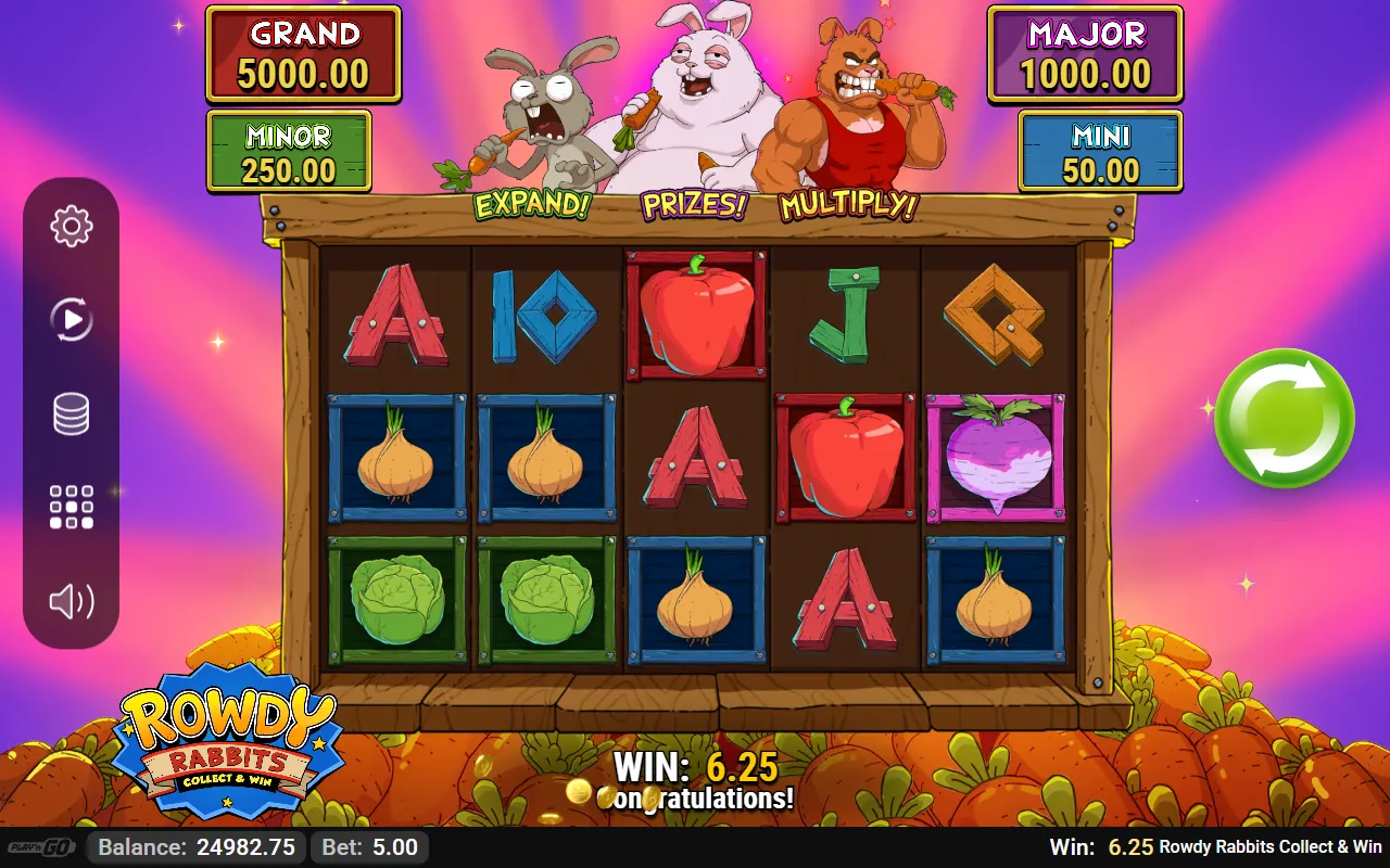 Two winning paylines of onions and cabbages on the Rowdy Rabbits reels, paying 6.25 on a 5.00 stake