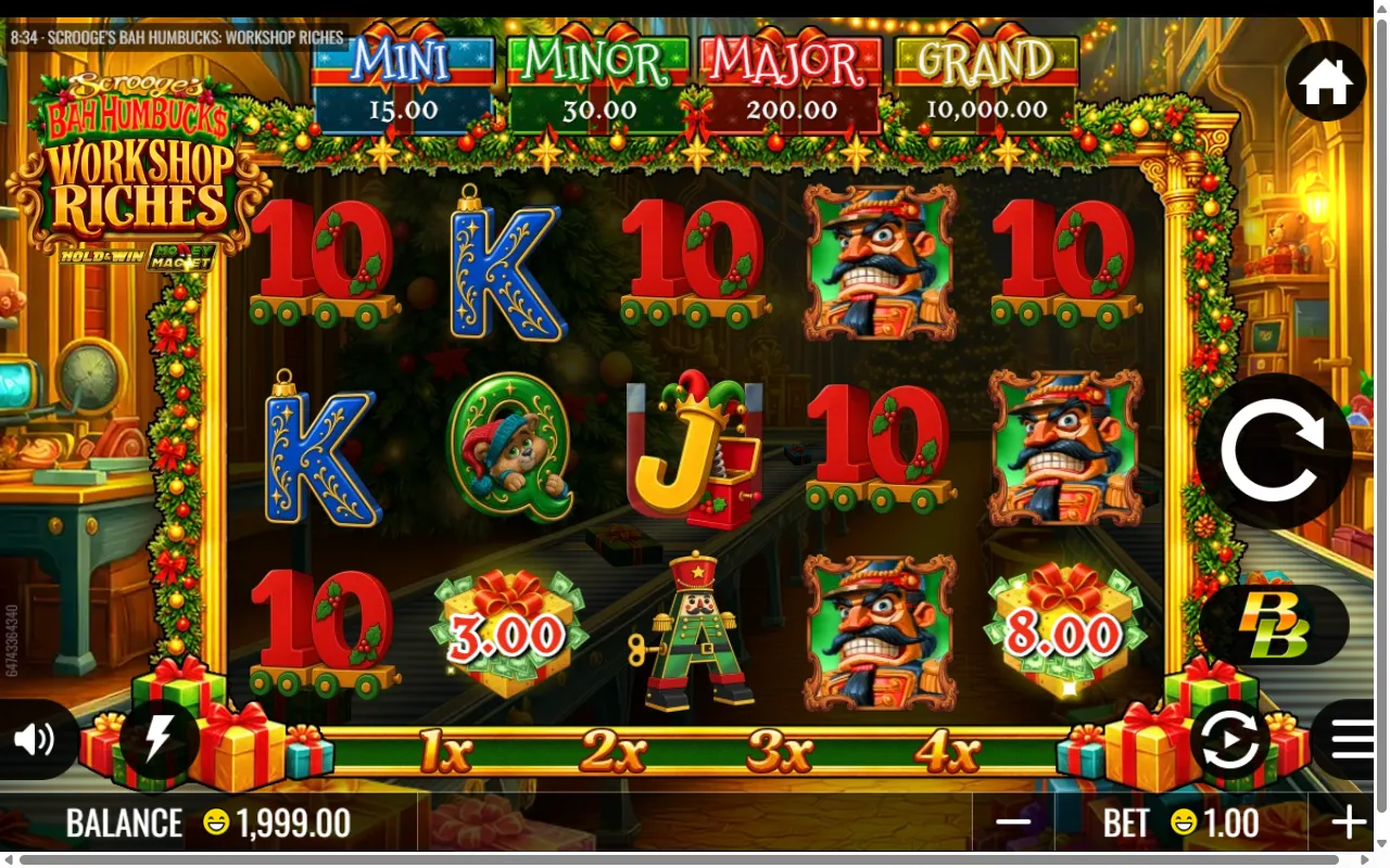 Scrooge's Bah Humbucks base board with two gift boxes and no win, the jackpot ladder above the reels