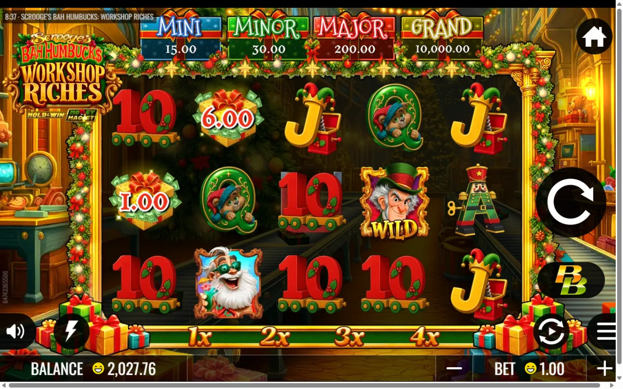 A Scrooge wild on reel four next to two gift boxes, with no winning way on the board