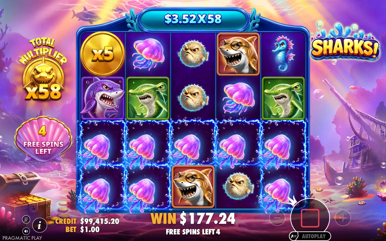 Sharks! free spins with the total multiplier at 58x and a full row of jellyfish paying
