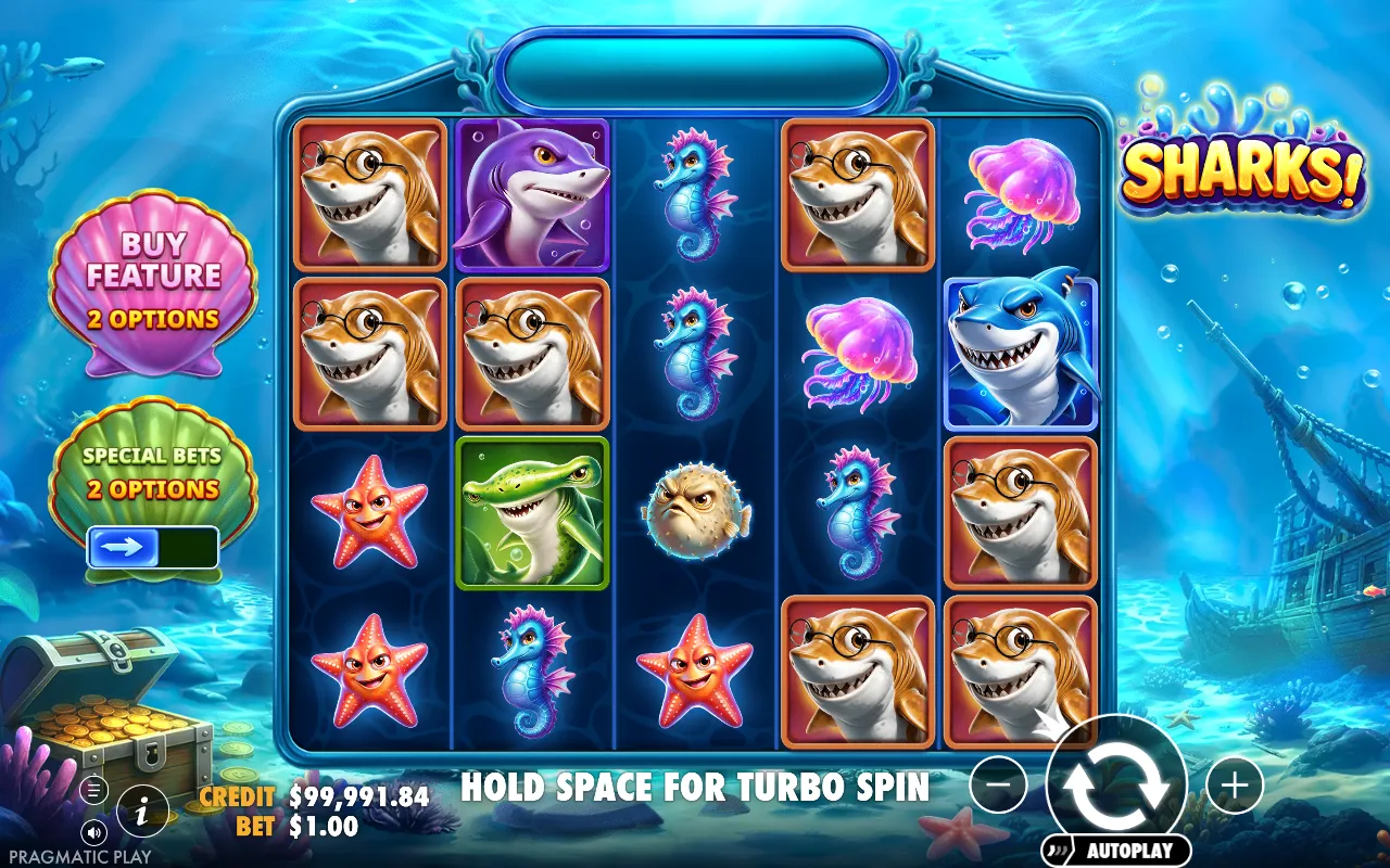 Sharks! base game spin with seven orange sharks on reels 1, 2, 4 and 5 and no shark on reel 3