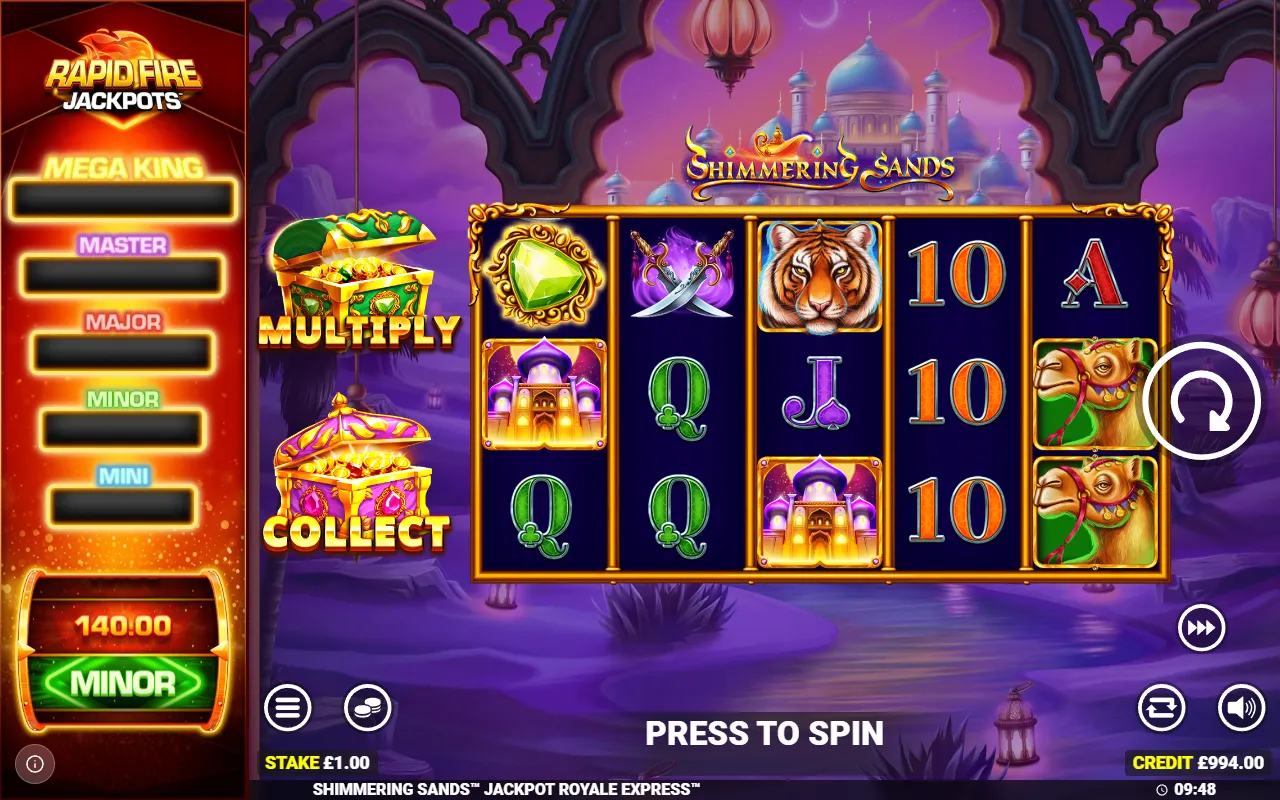 An emerald gem at the top of reel one on a Shimmering Sands base spin with no win and no bonus