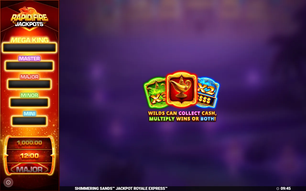 Splash slide showing the wild lamp types and the Rapid Fire Jackpots column from Mini up to Mega King