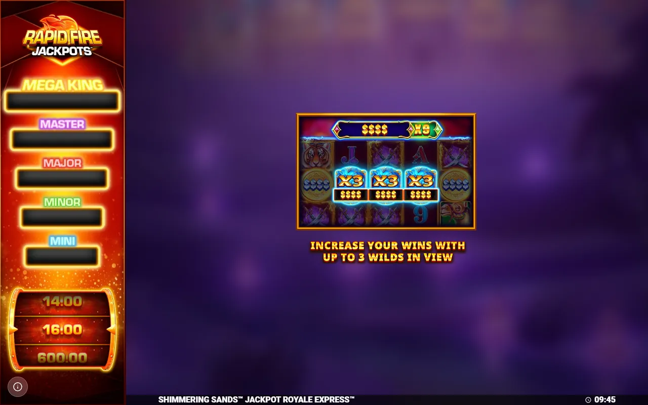 Shimmering Sands splash slide with three wild lamps on the middle row feeding a combined multiplier bar