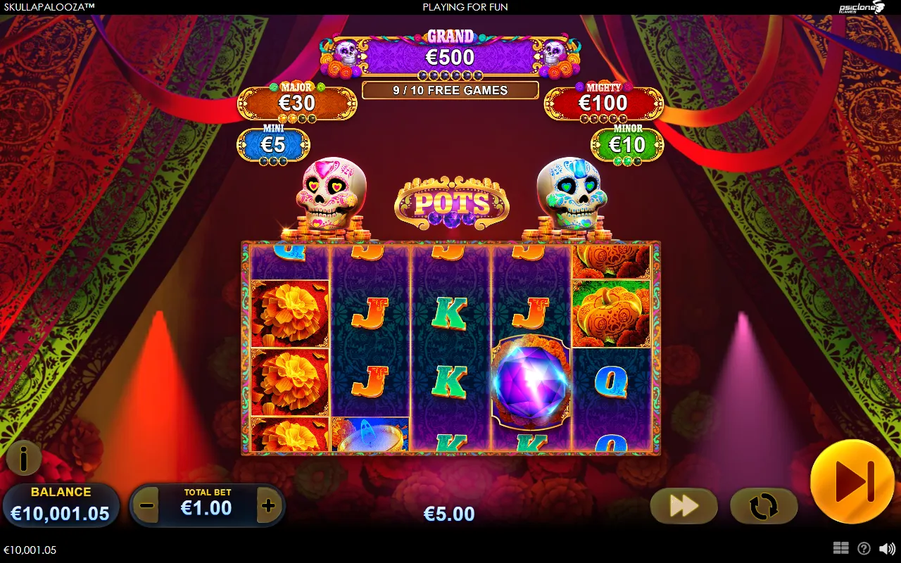 Skullapalooza Pots free game 9 of 10 with a purple gem landing on reel 4 and the prize panels above