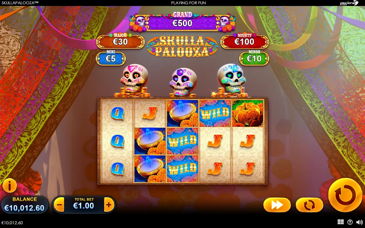 Skullapalooza base game with three Queens on reel 1, wilds on reels 3 and 4, and nothing matching on reel 2