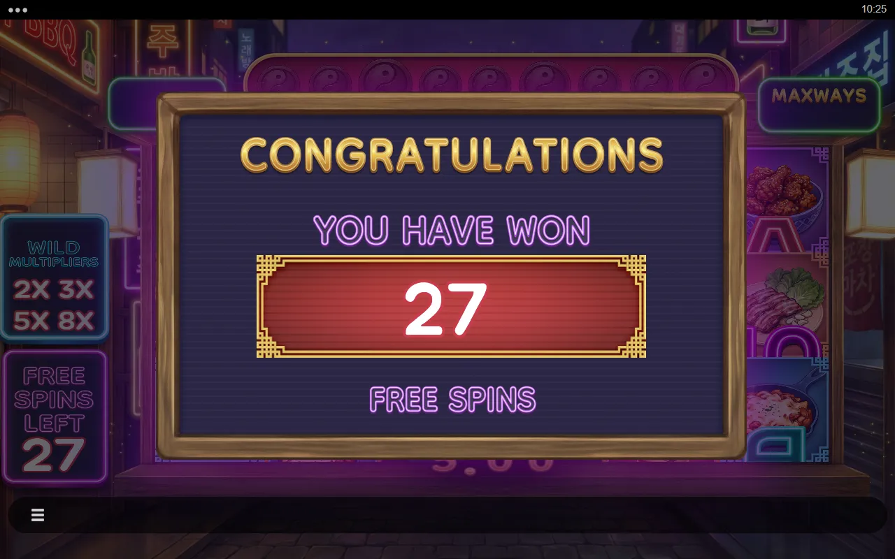 The free spins award screen showing 27 spins
