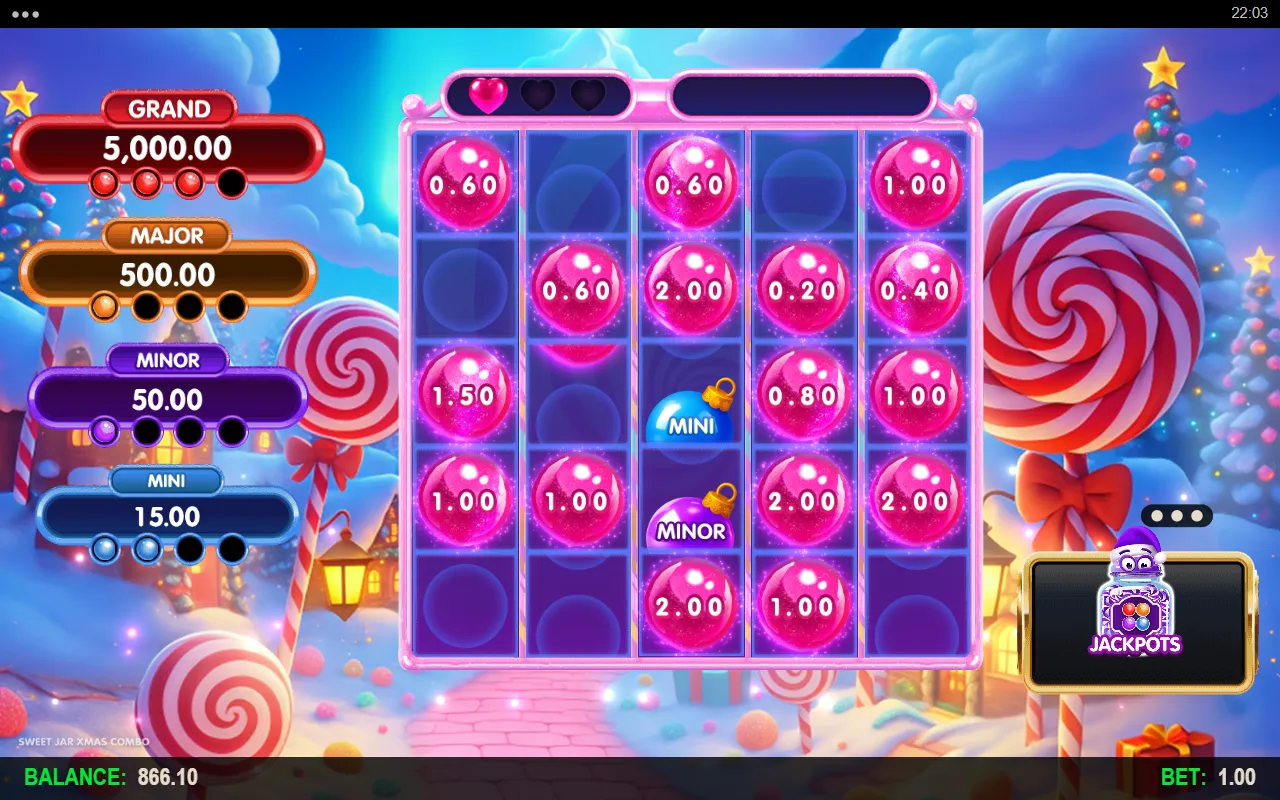 Sweet Jar Xmas Combo Jackpots bonus board with the Grand meter at three of four ornaments