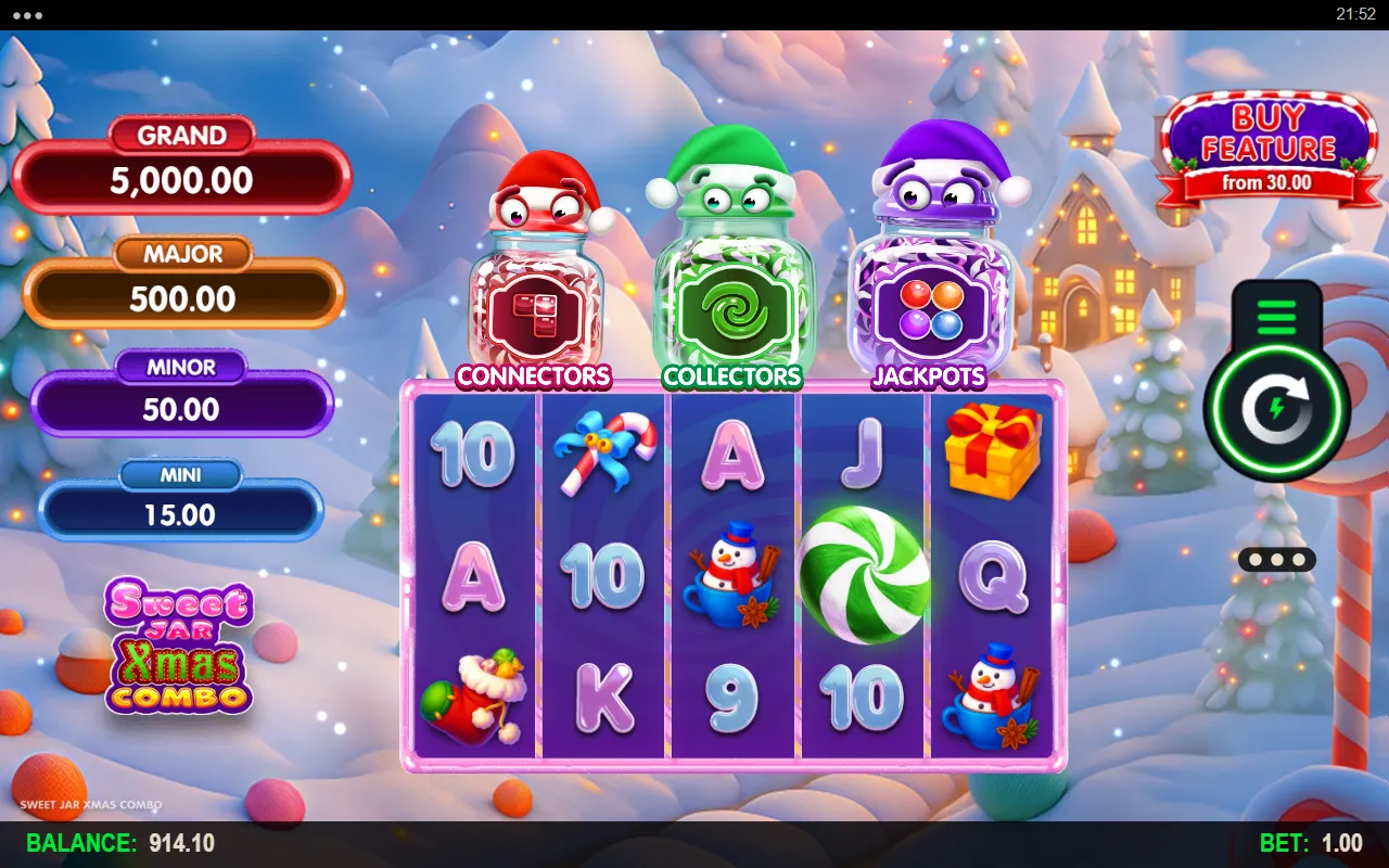 Sweet Jar Xmas Combo base game with a green swirl candy on reel 4 and the three jars above the reels