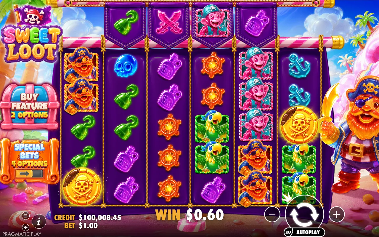 Sweet Loot 6x5 grid with two gold coin scatters on reels one and six