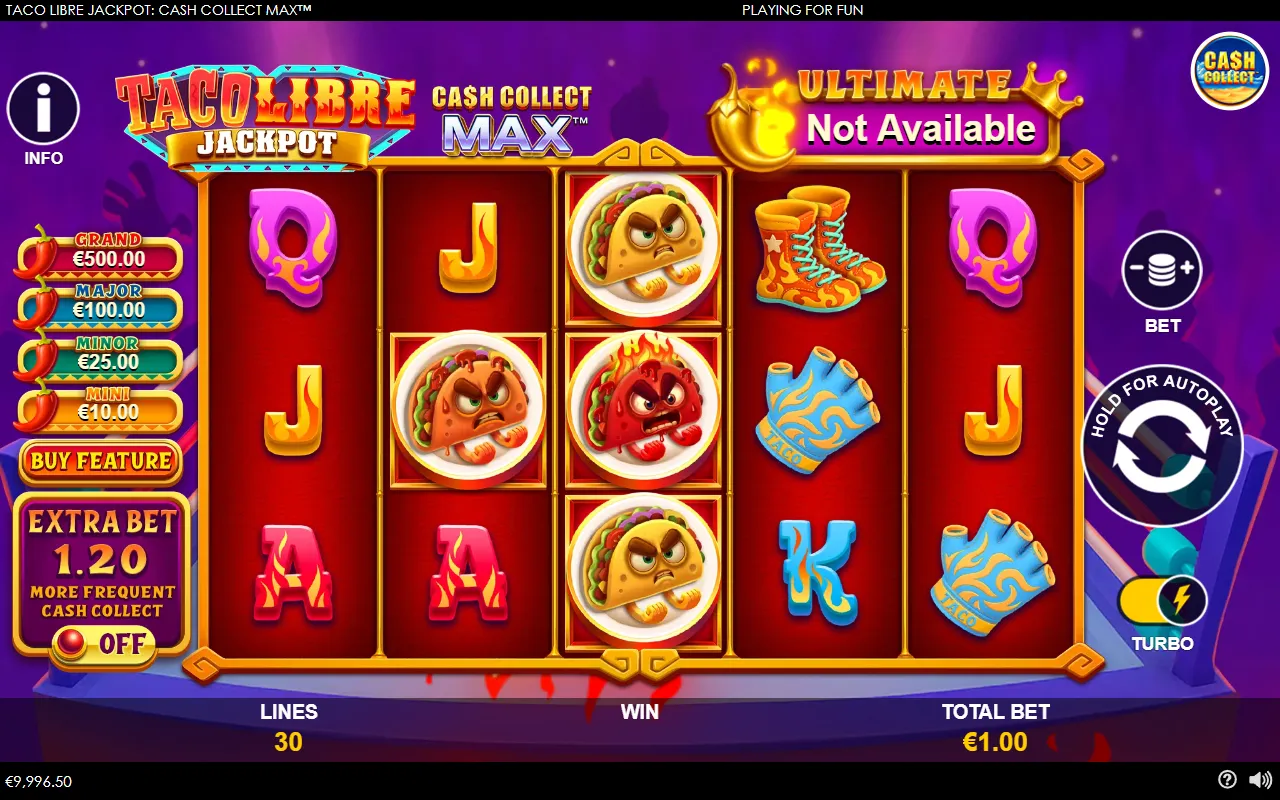 Taco Libre Jackpot base game with four tacos on reels 2 and 3 and no Cash Collect symbol on reel 1 or 5