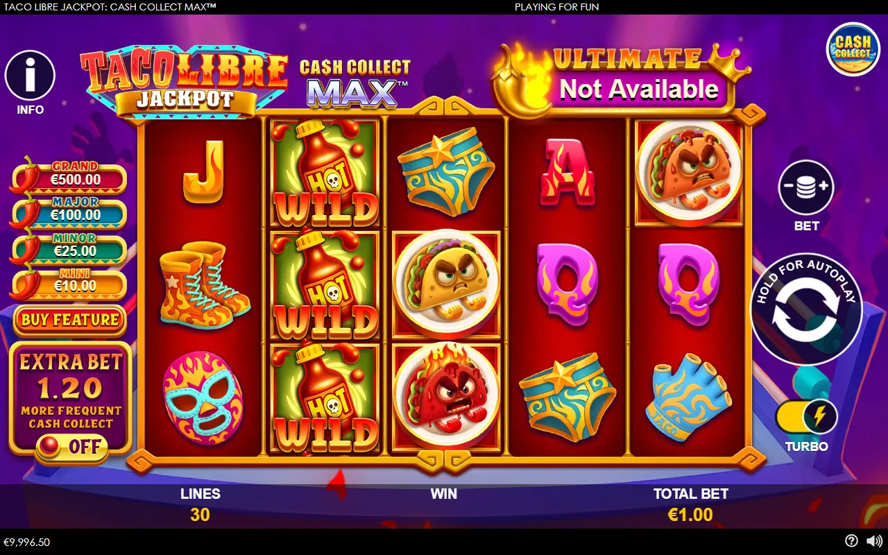 Taco Libre Jackpot base game with a stacked wild on reel 2 and three tacos, no collector, paying nothing