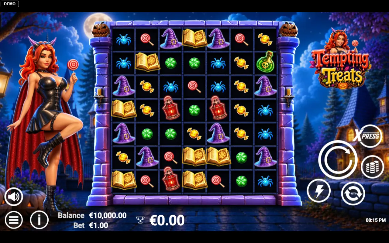 The opening 7x7 board in Tempting Treats before the first spin resolves