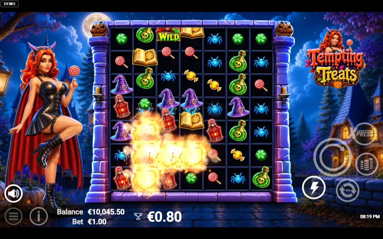 A cluster burning away in the middle of the Tempting Treats grid for a 0.80 win on a 1.00 bet
