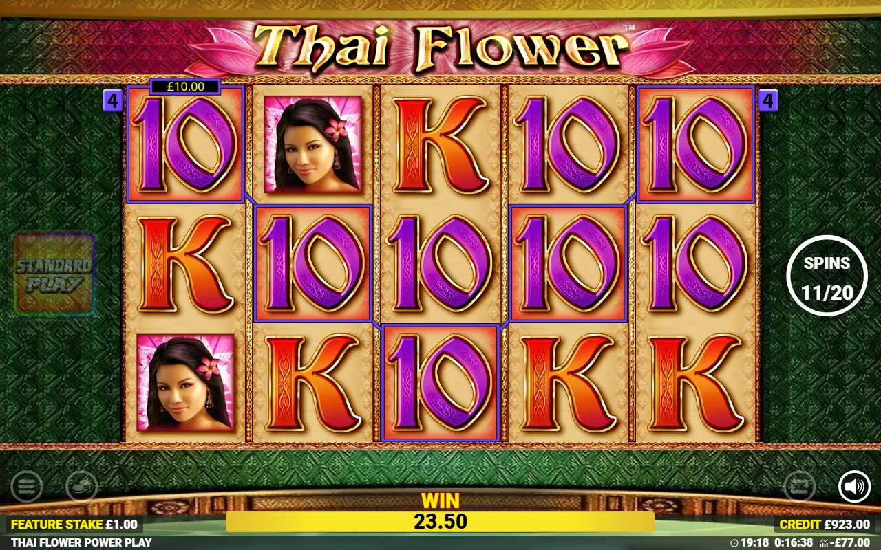 Thai Flower Power Play free spin with only Tens, Kings and the Girl symbol on the board and a five-Ten line highlighted