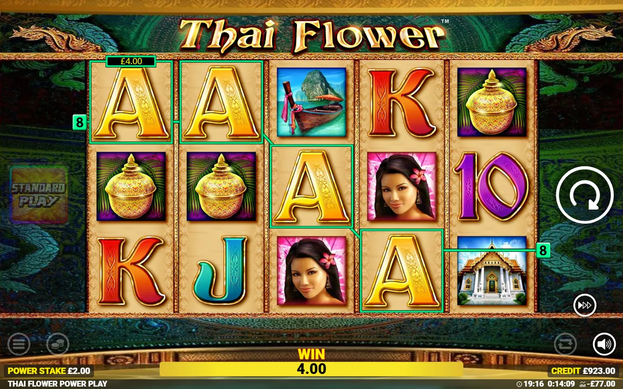 Thai Flower Power Play with a four-Ace line win on a Power Play spin at double the stake