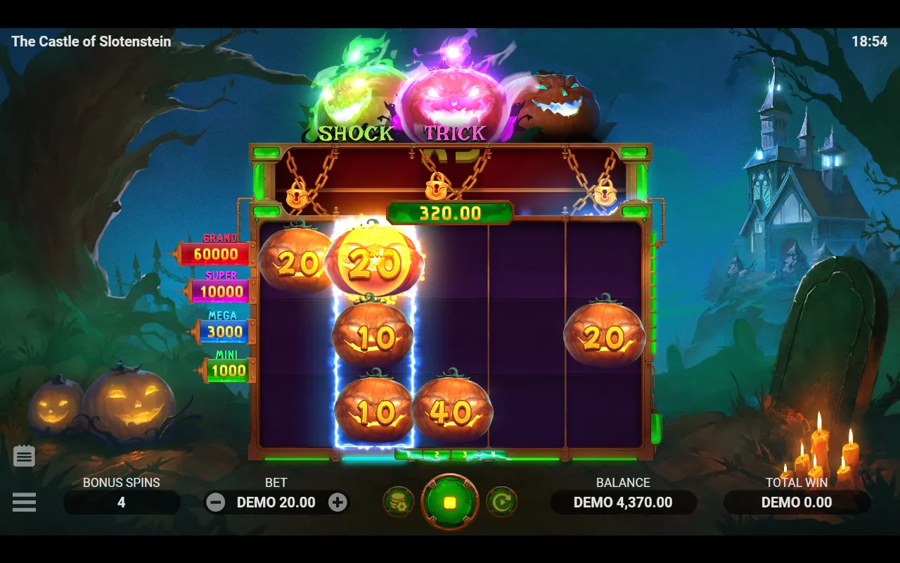 Hold and win board with orange pumpkins and the running win meter above it