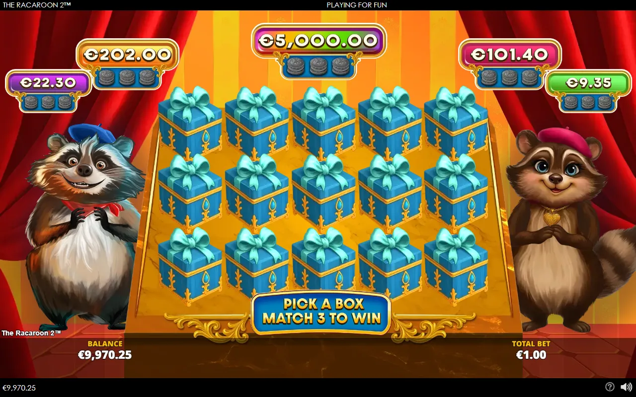 The Racaroon 2 Golden Cake pick screen with fifteen gift boxes and the special prize meters above