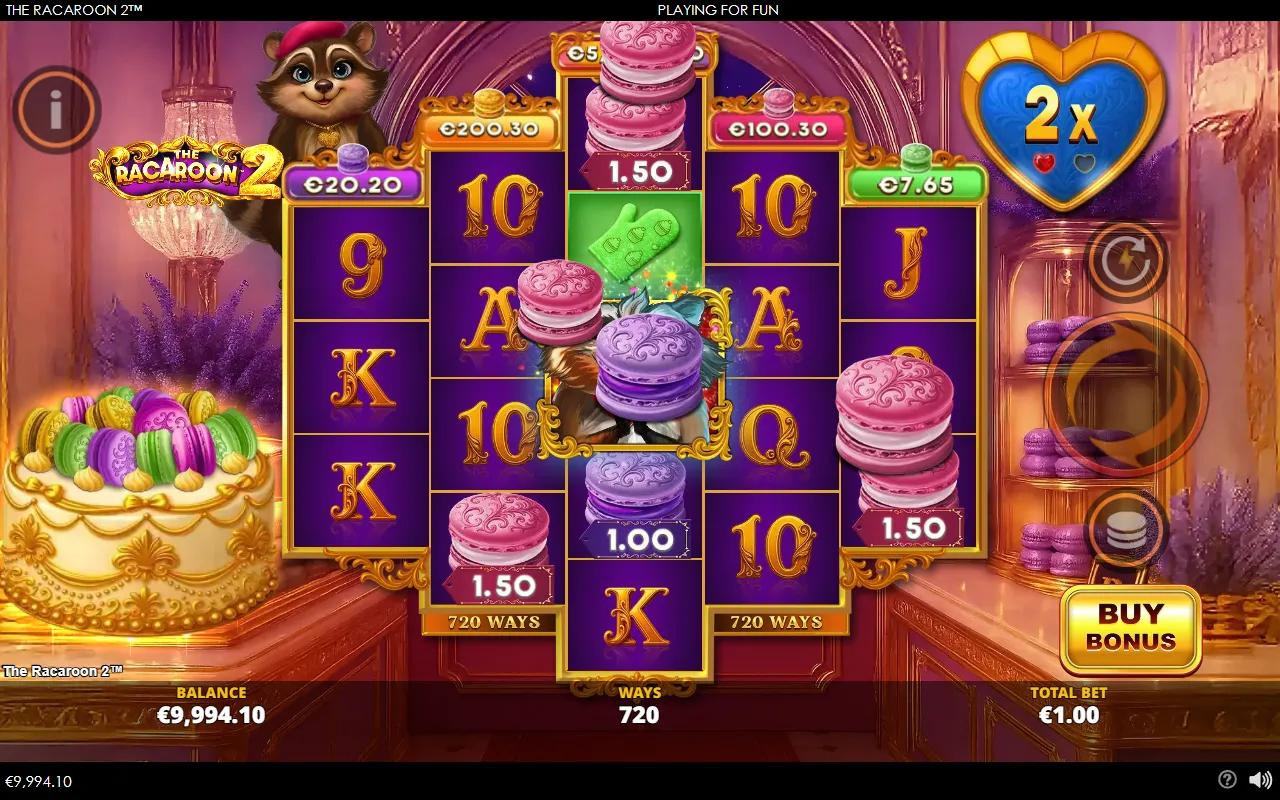 The Racaroon 2 wild in the Hot Zone collecting four cash coins with the heart meter at 2x