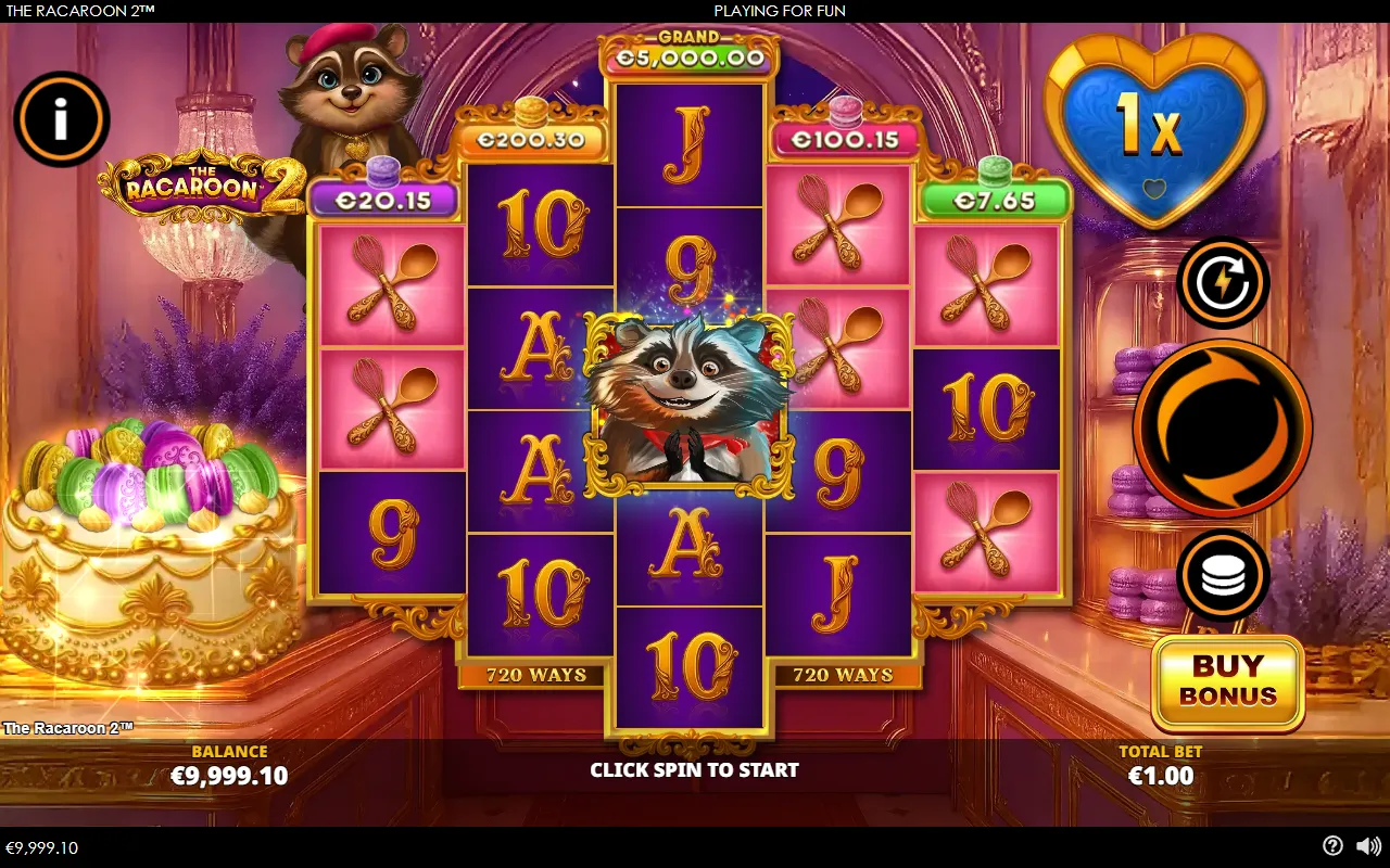 The Racaroon 2 base game with the raccoon wild in the centre Hot Zone and no cash coins anywhere on the reels