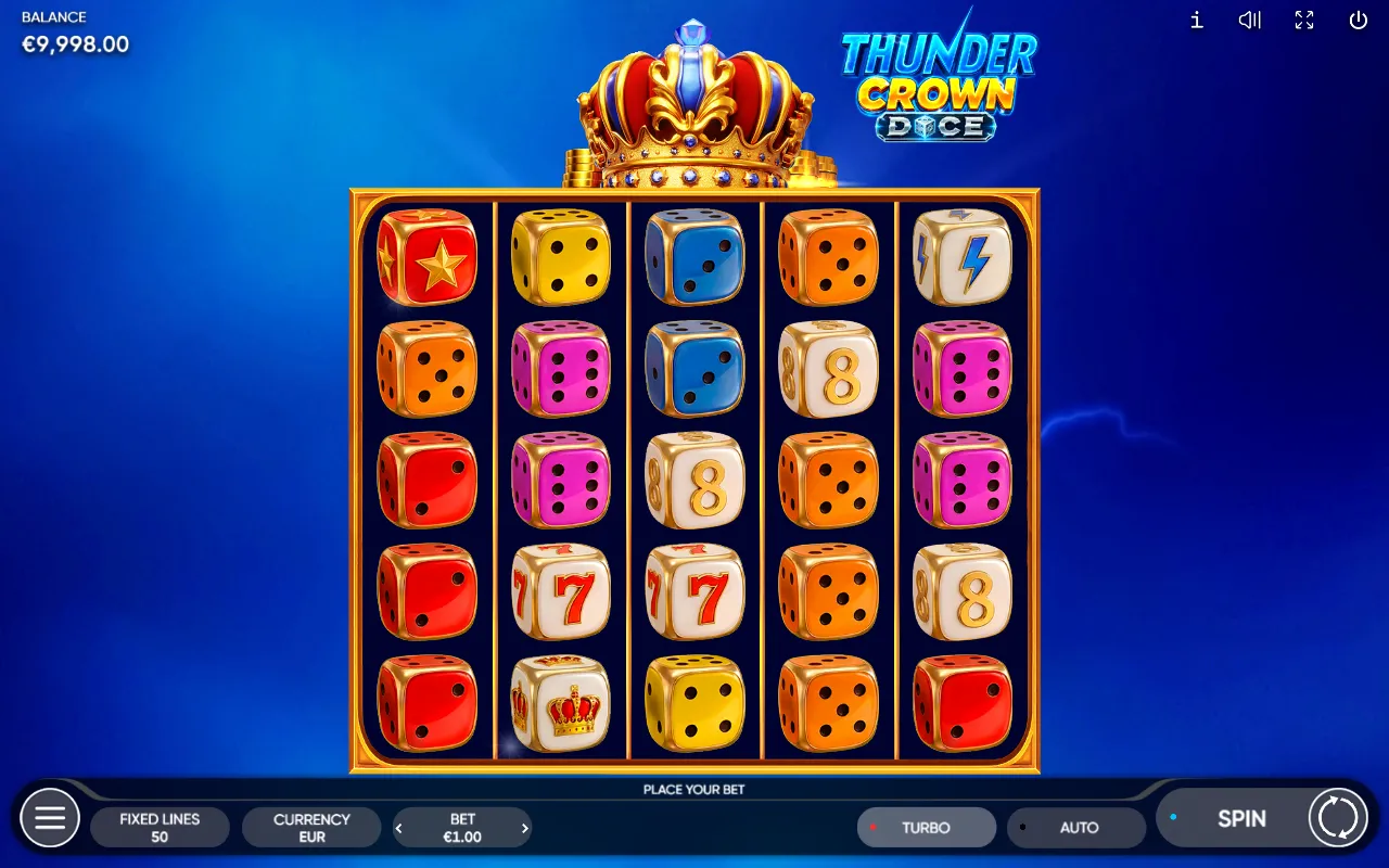 Thunder Crown Dice with a Crown Wild on reel 2 that did not expand and one red star scatter