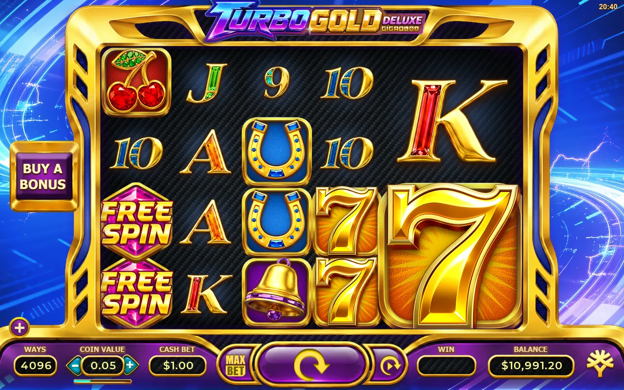 Turbo Gold Deluxe with a large Golden Seven Gigablox on reels 5 and 6 and two Free Spin scatters on reel 1