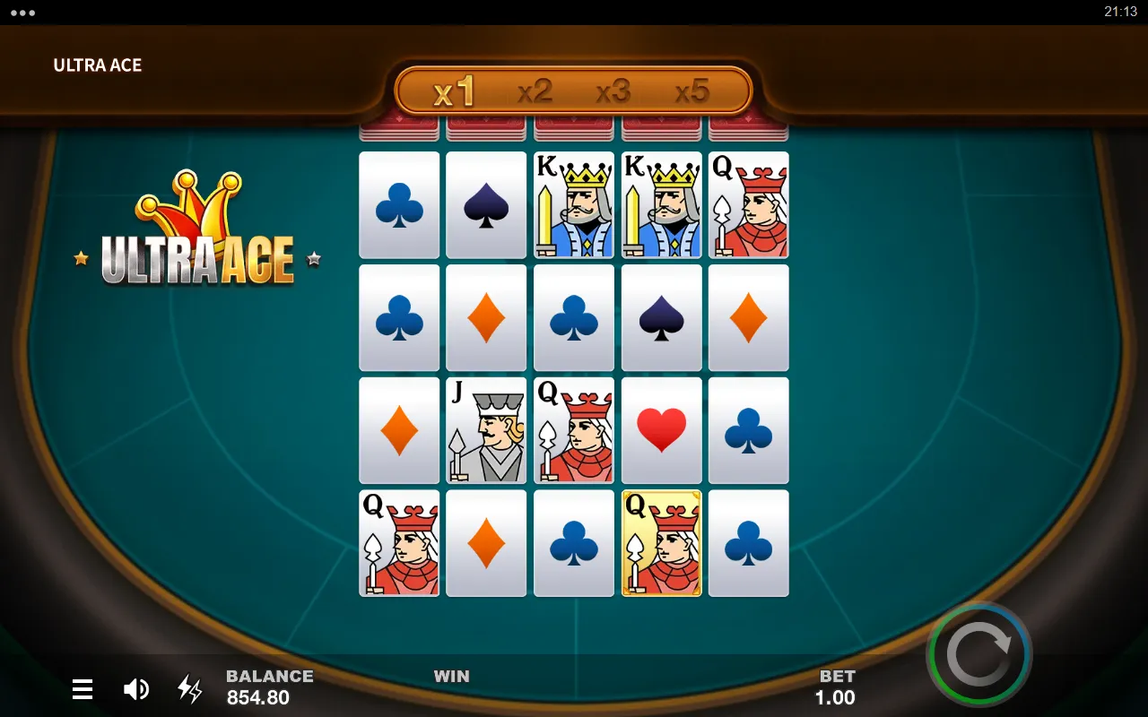 Ultra Ace base game with a gold-framed Queen on reel 4 and the multiplier trail at x1