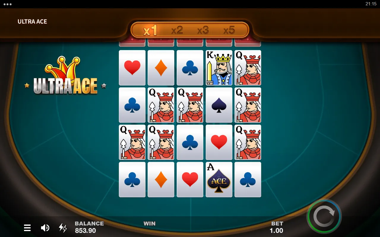 Ultra Ace board with Queens across all five reels before the first cascade