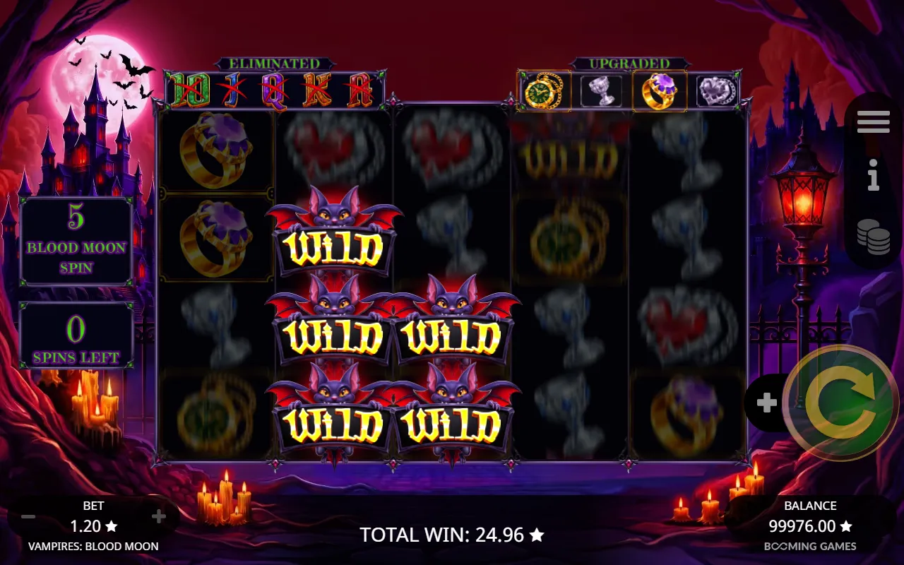 bought Blood Moon Spin with five wild bats landing on reels 2 and 3, all five royals eliminated and two majors upgraded