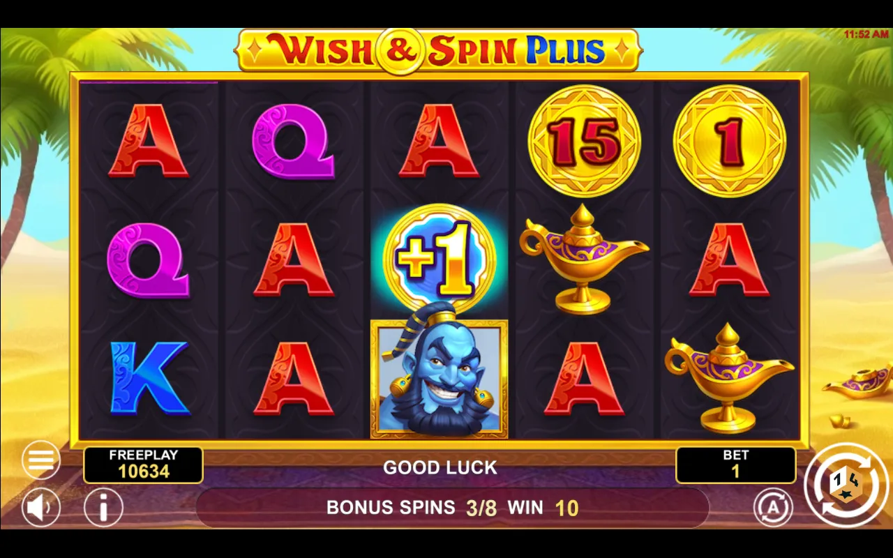 The blue plus one Plus Coin on the third reel of Wish and Spin Plus with the bonus spin counter reading three of eight