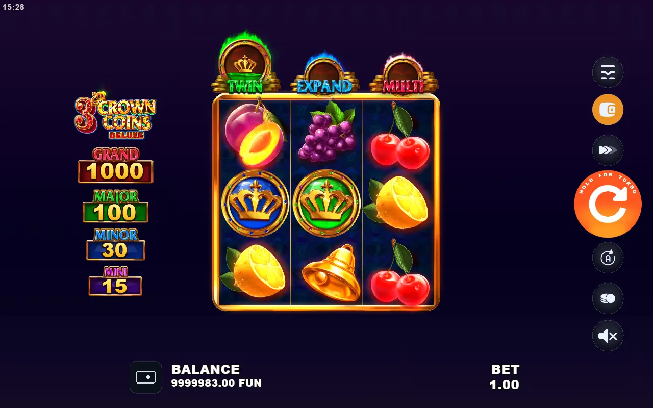 3 Crown Coins Deluxe base spin with a blue and a green crown on the middle row, one short of the Bonus Game