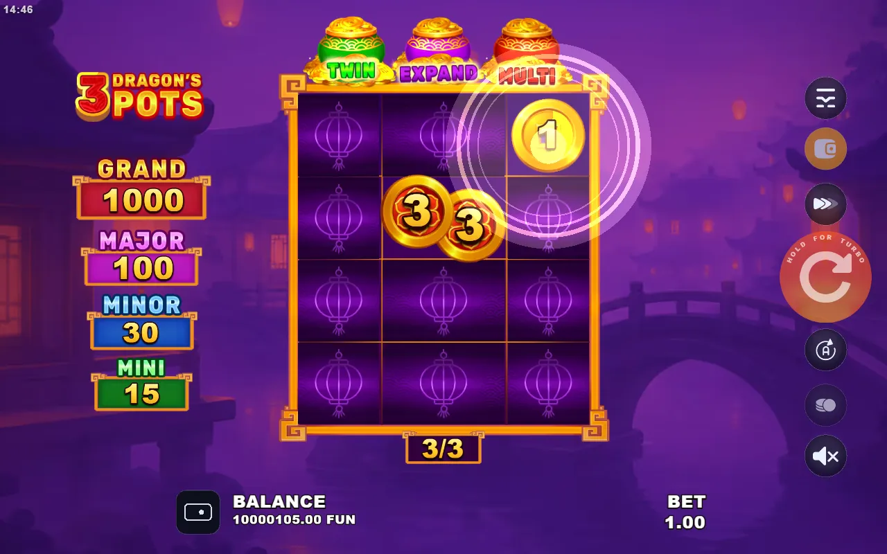 3 Dragon's Pots bonus grid with Twin, Expand and Multi lit above a four-row board and a paired Royal on the middle reel