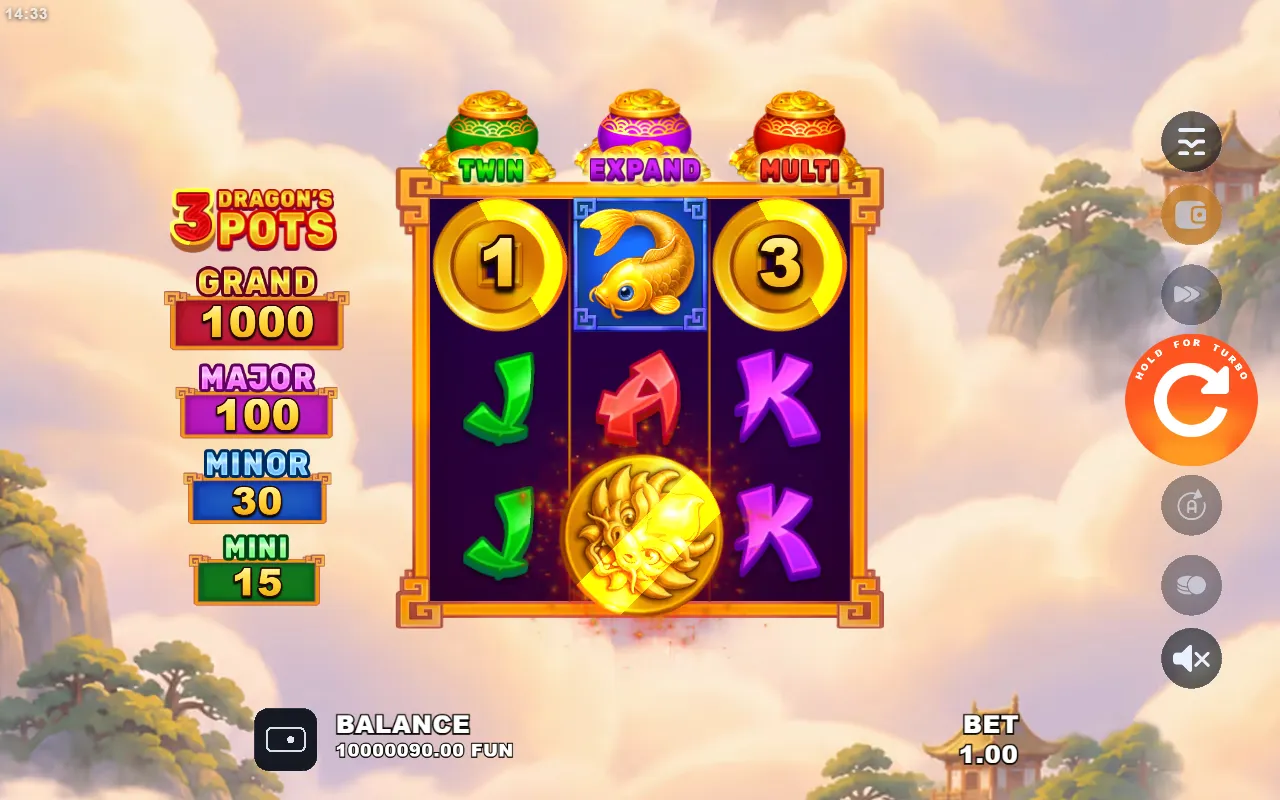 Three bonus symbols on the 3x3 reels of 3 Dragon's Pots triggering the lantern bonus