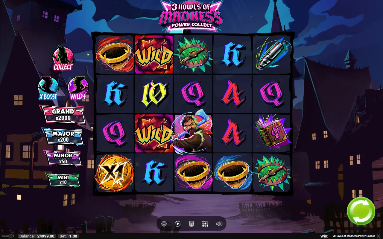 3 Howls of Madness Power Collect base game board with a red, a purple and a blue Lunar Ring and a coin, no Collector