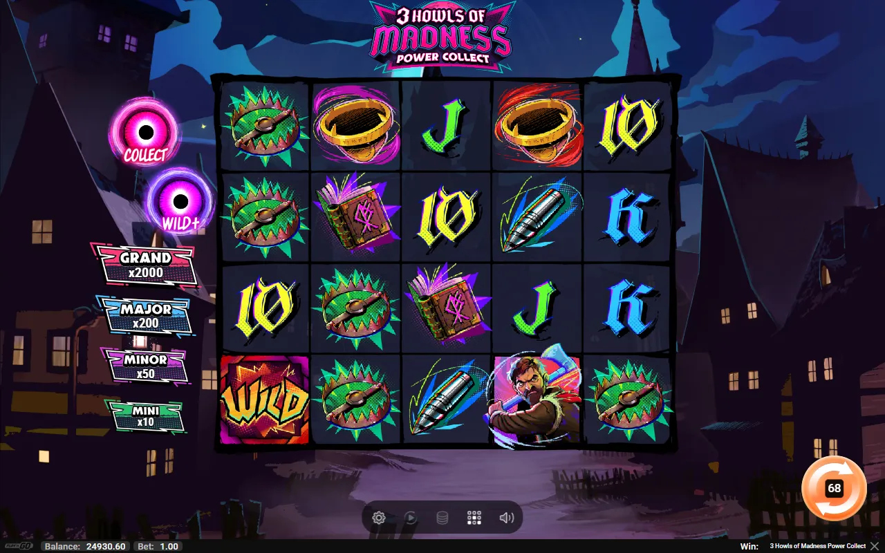 3 Howls of Madness Power Collect trigger spin with a purple and a red Lunar Ring, the Collect and Wild+ gazes lit on the side panel