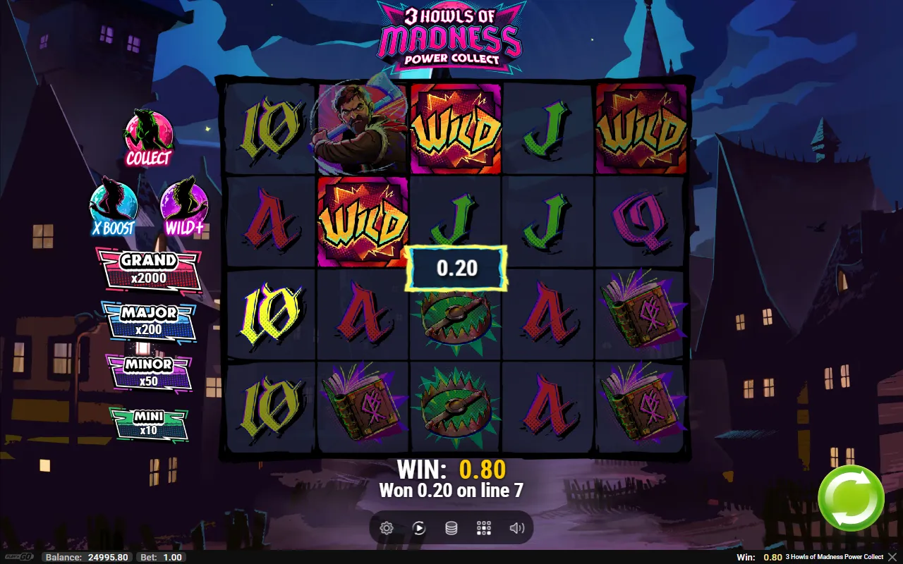 3 Howls of Madness Power Collect spin with three Wilds on the board and a total win of 0.80 on a 1.00 bet